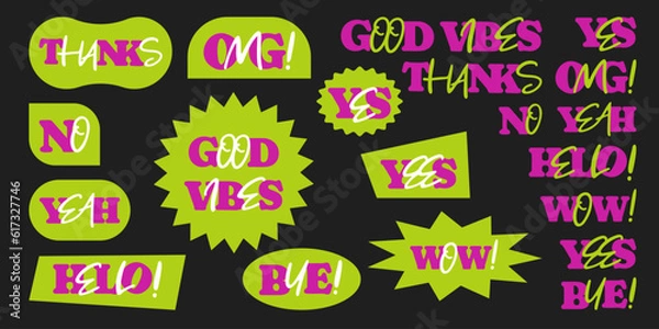 Fototapeta Emotional words sticker pack. Abstract geometric elements. Vector illustration, collection of Y2K elements. Modern aesthetics, simple minimalistic forms for poster, cover, art, prints.