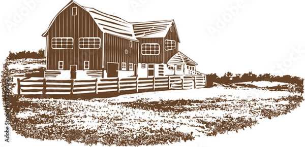Obraz Countryside landscape illustration drawing in woodcut style with farm house on transparent background vector