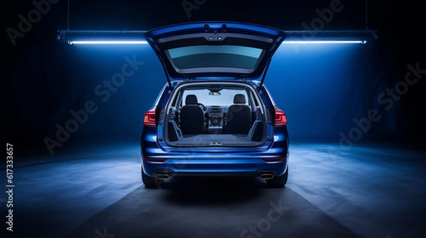Fototapeta Huge, clean and empty car trunk in interior of compact suv. Rear view of a bleu SUV car with open trunk. Generative AI