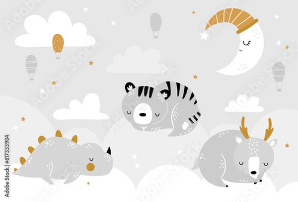 Fototapeta Dzieci wektorowe ręcznie narysowane słodkie zwierzęta śpiące na chmurach, balonach powietrznych i księżycu. Deer, Tygrys, Dino. Ilustracja w stylu skandynawskim. Projekt tapety dla dzieci. Projekt pokoju dla niemowląt, dekoracje ścienne, mural.