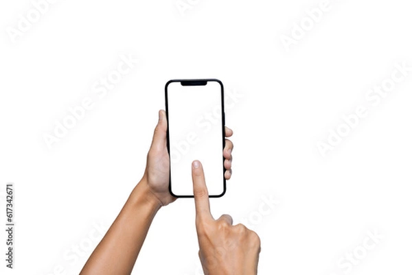 Fototapeta Closeup shot of a female hand using a smartphone on white background, blank white screen, businesswoman holding a mobile phone and unlocking with her fingerprint.