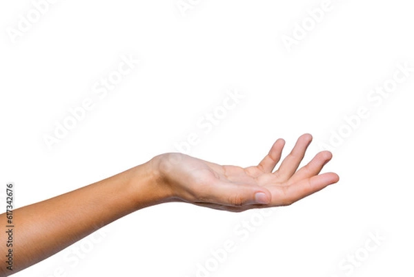 Fototapeta Beautiful female hand isolated on white background Close-up of an elegant palm facing up Gesture ready to help or be treated Show up empty handed and present open hand.