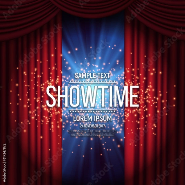 Fototapeta Red curtain illuminated by spotlight. Vector illustration.