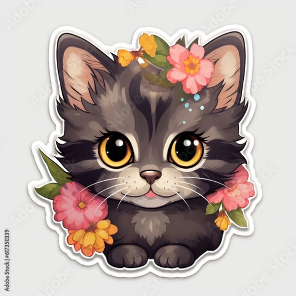 Fototapeta cute cat stickers in flowers cute animal print t-shirts Favorite pet, Ai