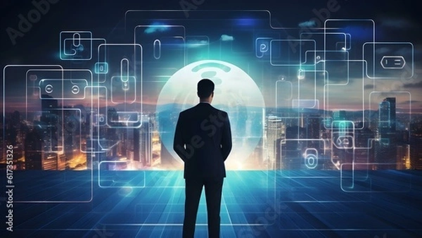 Fototapeta Diverse Digital Interactions and Business Concepts: User Ratings, Artificial Intelligence Communication, Future Healthcare Technology, Data Analysis, Online Surveys, and Financial Market Trends