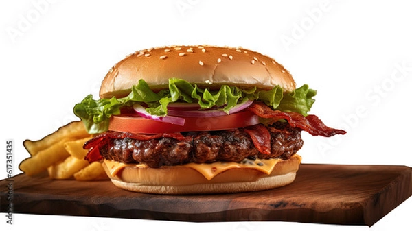 Fototapeta This image showcases a large, freshly cooked cheeseburger with tomatoes, lettuce, and bacon, served on a bun.