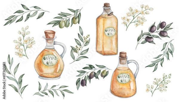 Fototapeta Watercolor set of illustrations. Hand painted yellow virgin olive oil in glass jug, square bottle, pitcher with labels, corks. Branches with black and green olives, leaves, flowers. Isolated clip art