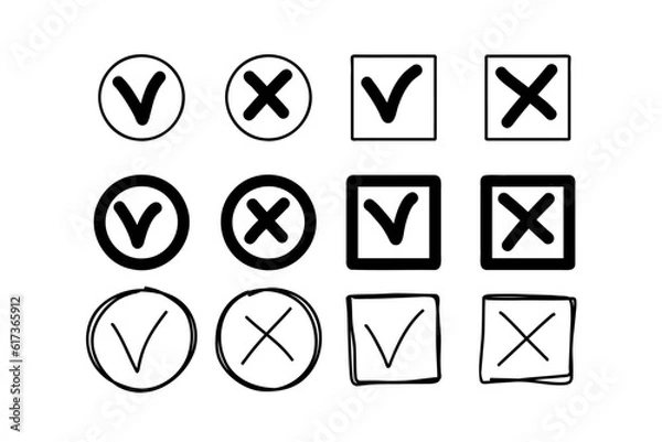 Fototapeta Hand drawn doodle style, check and cross mark set. Vote, yes, no concept. Checkbox, cross mark with box, circle element. Vector illustration.