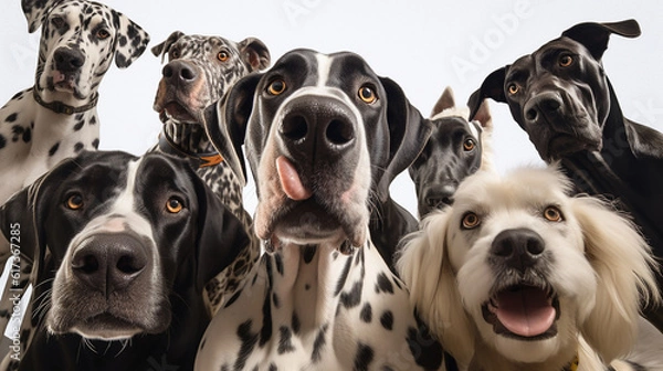Fototapeta Great Dane taking a selfie with other dogs on an isolated background. ,generative AI