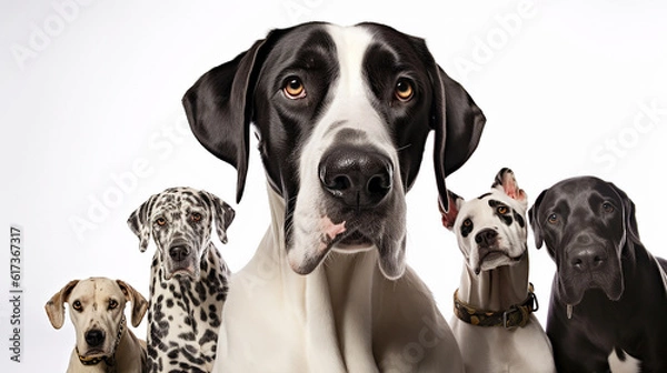 Fototapeta Great Dane taking a selfie with other dogs on an isolated background. ,generative AI
