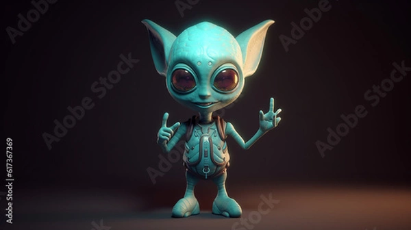 Fototapeta Cute alien showing peace sign, 3d rendef=r ,generative AI