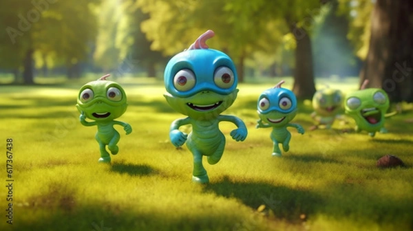Fototapeta Cute funny aliens group running and playing on green grass in park. ,generative AI