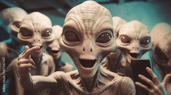 Fototapeta alien taking a selfie with other aliens on an isolated background. ,generative AI