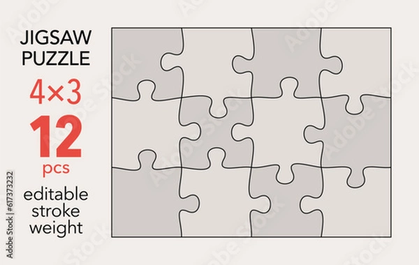 Fototapeta Empty jigsaw puzzle grid template, 4x3 shapes, 12 pieces. Separate matching puzzle elements. Flat vector illustration layout, every piece is a single shape