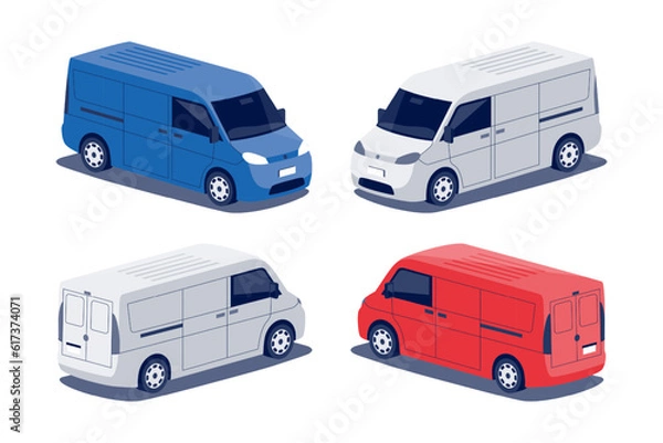 Fototapeta Modern delivery cargo van car. Minivan middle size lorry minibus vehicle. Small truck RV corporate commercial transport. Isolated vector red blue object on white background in isometric dimetric style