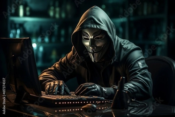 Fototapeta Masked Hacker in a Dark Room - Cybersecurity and Technology Concept