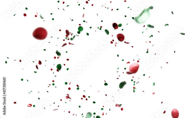 Fototapeta Realistic red and green 3D confetti randomly falling on a transparent background. Graphic resource for Christmas, a magical moment.