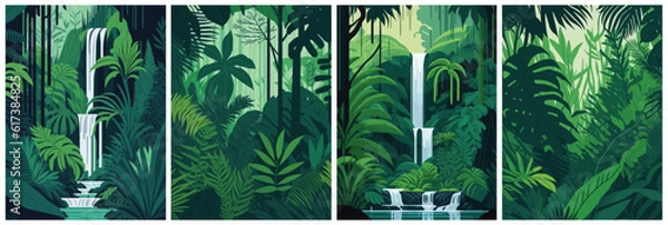 Fototapeta vector background of forest, jungle with waterfall for nature cover for banner, poster