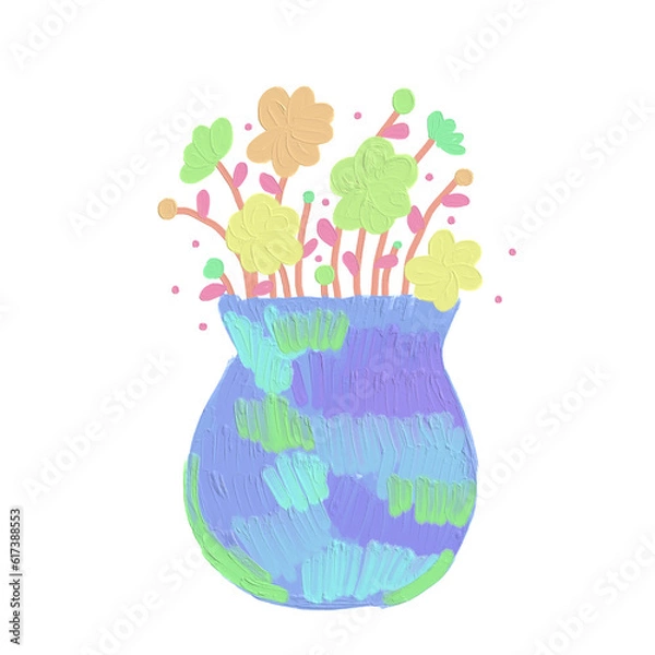 Obraz colorful flower in a blue tone vase draw in cute oil brush texture style