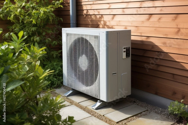 Fototapeta eine hochtechnisch aussehende Klimaanlage am Haus, a high-tech looking air conditioner on the house