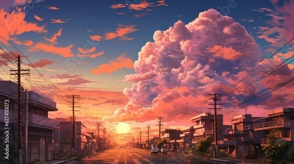 Fototapeta Street photography of a sunset view on a city with pink cloud and romantic sky as an utopic town, reworked and enhanced ai generated mattepainting