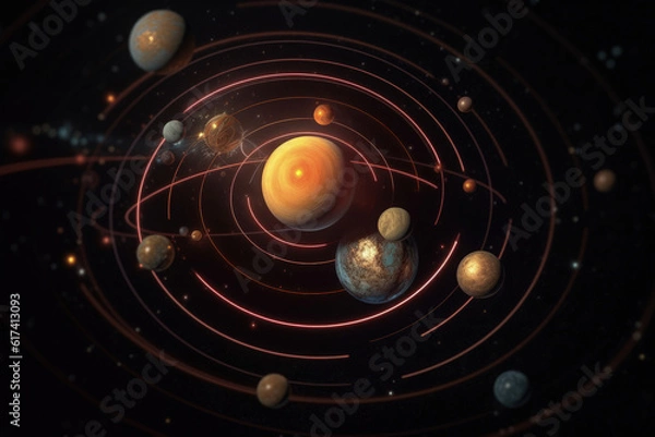 Obraz Cosmic Dance: An abstract illustration showcasing a stylized view of the solar system, with planets orbiting the central sun, swirling in a mesmerizing celestial dance.