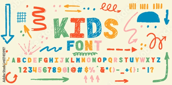 Obraz Playful style font design, childish alphabet letters and numbers