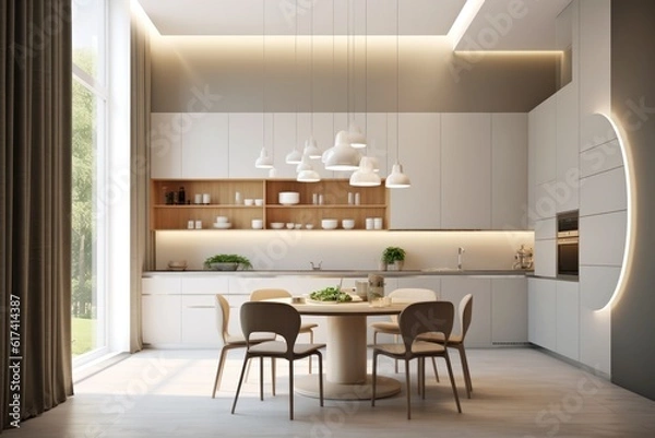 Fototapeta High-End Modern Kitchen with luxurious furniture and finishings. Large island with dining and sleek design