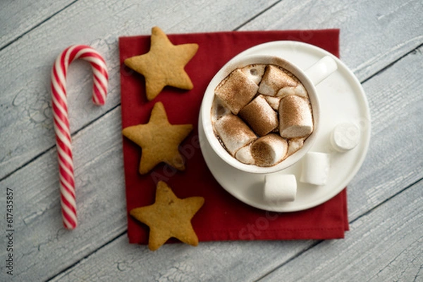 Obraz  Cup with hot chocolate and marshmallows. Flat lay