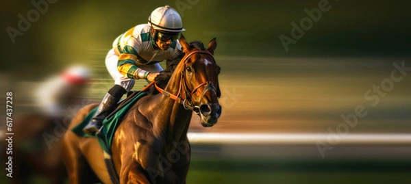 Fototapeta A jockey on a horse in motion. A background with motion blur as negative space.