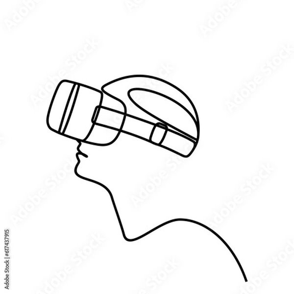 Fototapeta People wearing virtual reality glasses device. Metaverse concept. Continuous line. Hand drawn. One line. line art. Logo design. Vector