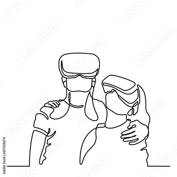Fototapeta Two women embracing wearing virtual reality glasses device. Metaverse concept. Continuous line. Hand drawn. One line. line art. Logo design. Vector. illustration