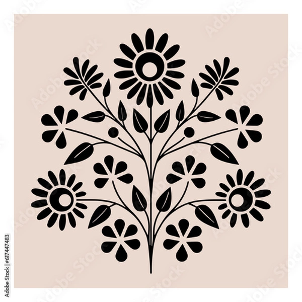 Obraz Symmetrical ornament with flowers and leaves, scandinavian folk art poster. Floral silhouette composition. Ethnic botanical vector illustration.