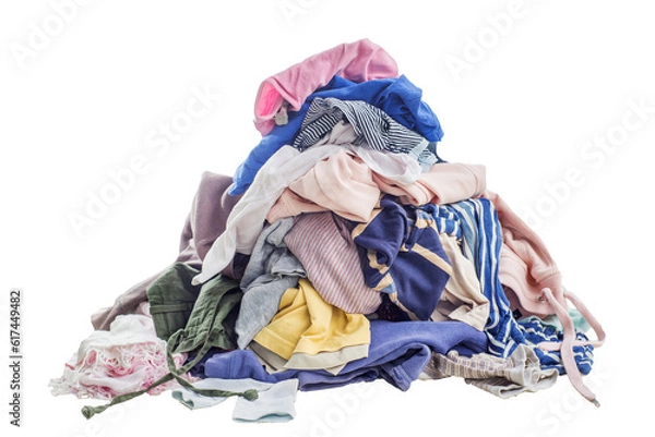 Fototapeta Used clothes in a pile. Sorting and cleaning second-hand. Preparing for washing. Isolated
