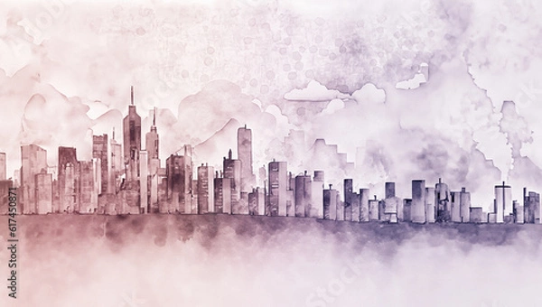 Fototapeta illustrazione generative ai con veduta di panorama cittadino, sagome di edifici, palazzi, case, uffici, realizzazione con colori ad acqua in tinte pastello su carta ruvida