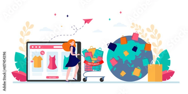 Fototapeta Frustrated woman returning purchases vector illustration. Tablet screen with online shopping app harming planet with excessive deliveries. Environmental impact of online shopping, ecology concept