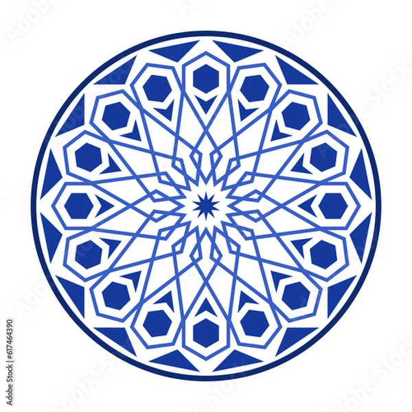 Fototapeta Porcelain plate with traditional blue on white design in Asian style. design pattern for background, plate, dish, bowl, lid, tray, salver, vector illustration art embroidery. geometric flower plate.