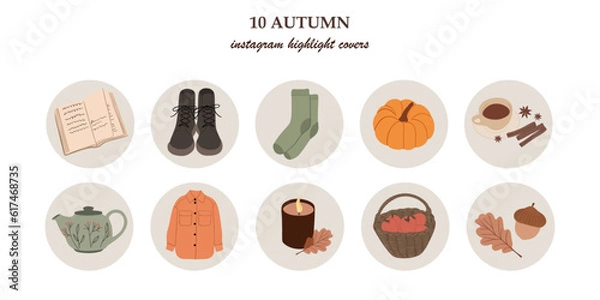 Obraz Collection of autumn highlight covers, icons and badges for social media. Pumpin, tea, book, candle, autumn clothes. Cozy home. Hygge design. Isolated vector set