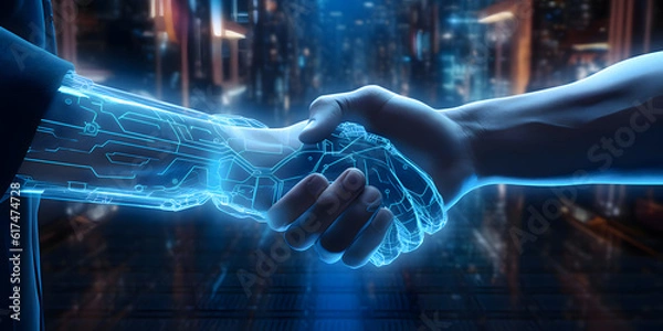 Fototapeta Handshake between a cyber hand hand a human hand - Technologies and artificial intelligence concept