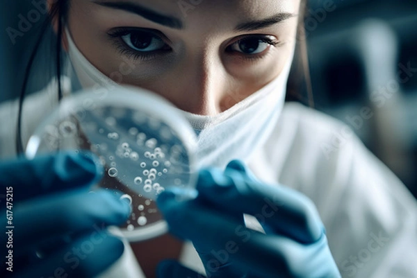Fototapeta A woman in a medical mask holds a petri dish with a bacterial culture. A scientist in the laboratory. Generative AI.