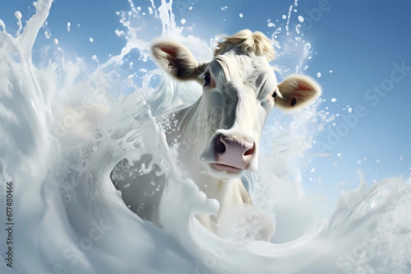 Fototapeta Dynamic depiction of a cow with a lively milk splash, generative ai.