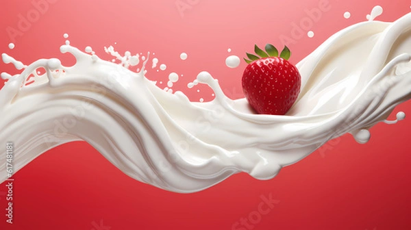 Obraz Dynamic interaction of milk splash with strawberry, creating a smooth wave of yogurt and cream, generative by AI.