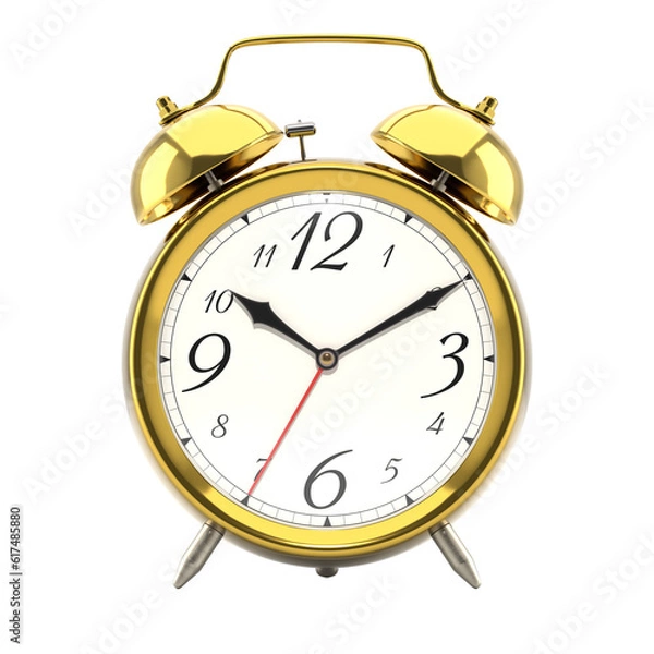 Fototapeta Alarm clock, vintage style golden metallic color clock with black hands.