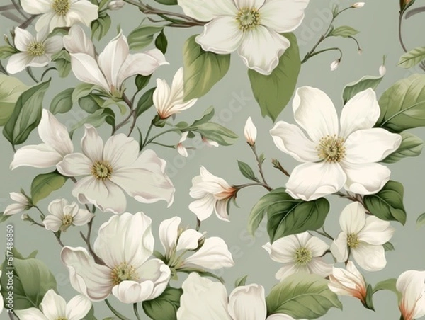 Fototapeta Photo seamless pattern with white flowers and green background