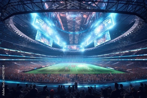 Fototapeta Futuristic scifi stadium arena for sports football basket hockey soccer and baseball from future architecture inspired by movies, reworked and enhanced ai generated mattepainting background