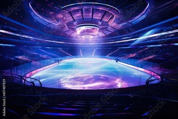 Fototapeta Futuristic scifi stadium arena for sports football basket hockey soccer and baseball from future architecture inspired by movies, reworked and enhanced ai generated mattepainting background