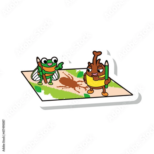 Obraz 絵を描いているカブトムシとセミ ラベル