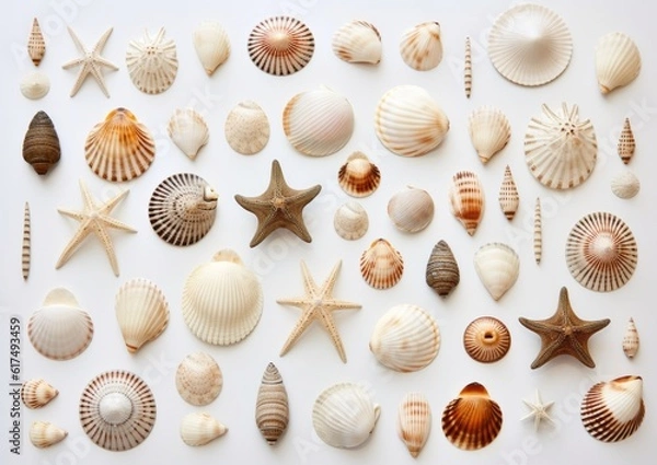 Fototapeta set of seashells on white background, AI generative