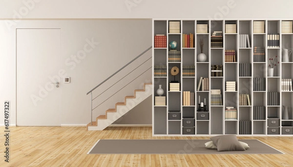 Fototapeta Modern Living room with bookcase ,staircase and closed door - 3d rendering