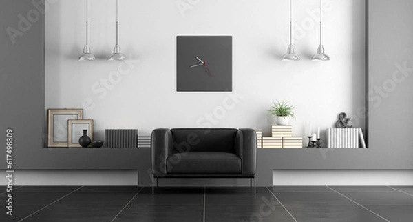 Fototapeta Black and white living room with leather armchair - 3d rendering